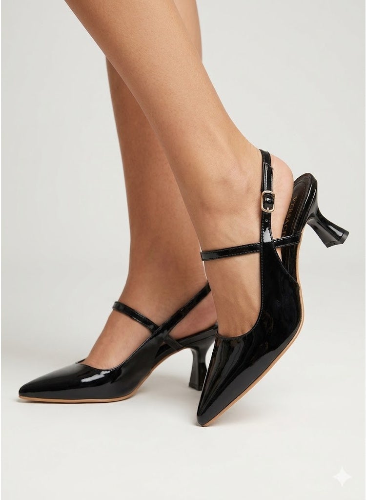 لايف ستيلاش  أحذية كعب جلدية لامعه بأبزيم F-614 - أسود - Image 1