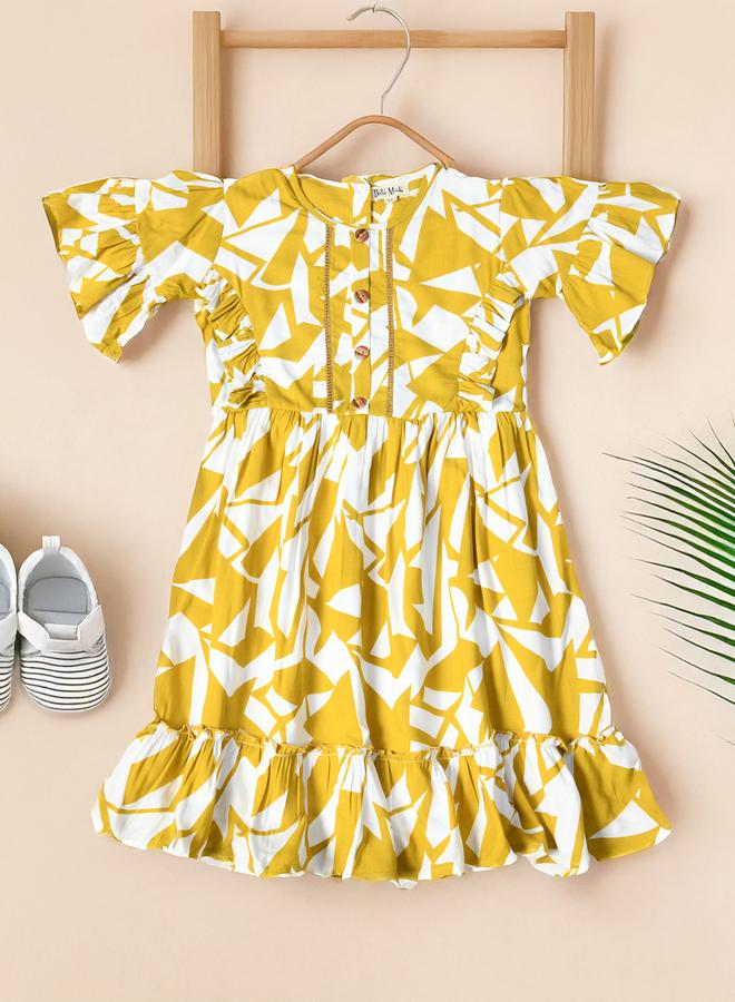 بيلا مودا فستان قطن قصير الأكمام بطبعات مجردة وحواف مكشكشة من بيلا مودا - Image 1