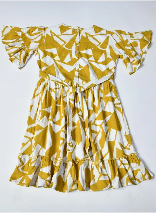 BELLA MODA Bella Moda Abstract Print Short SleeveÂ Cotton Dress with Ruffle Trim