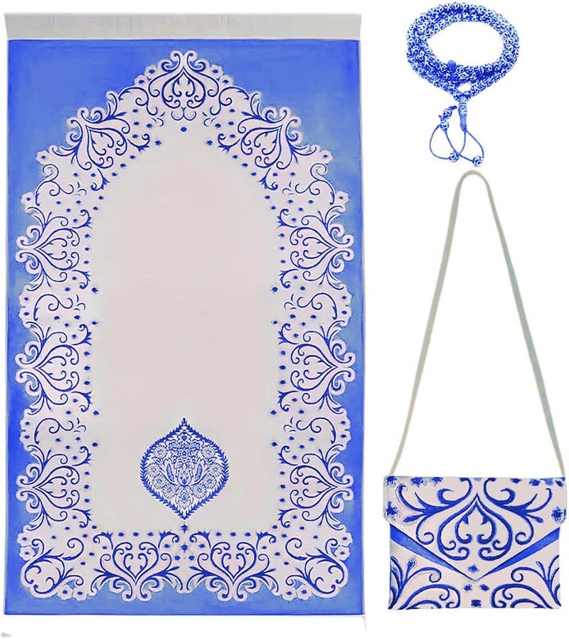 Home Smart Prayer Mat with Prayer Beads and Storage Pouch Portable Mat for Travel Ideal Gift for Men and Women (Sky Blue) - Image 1