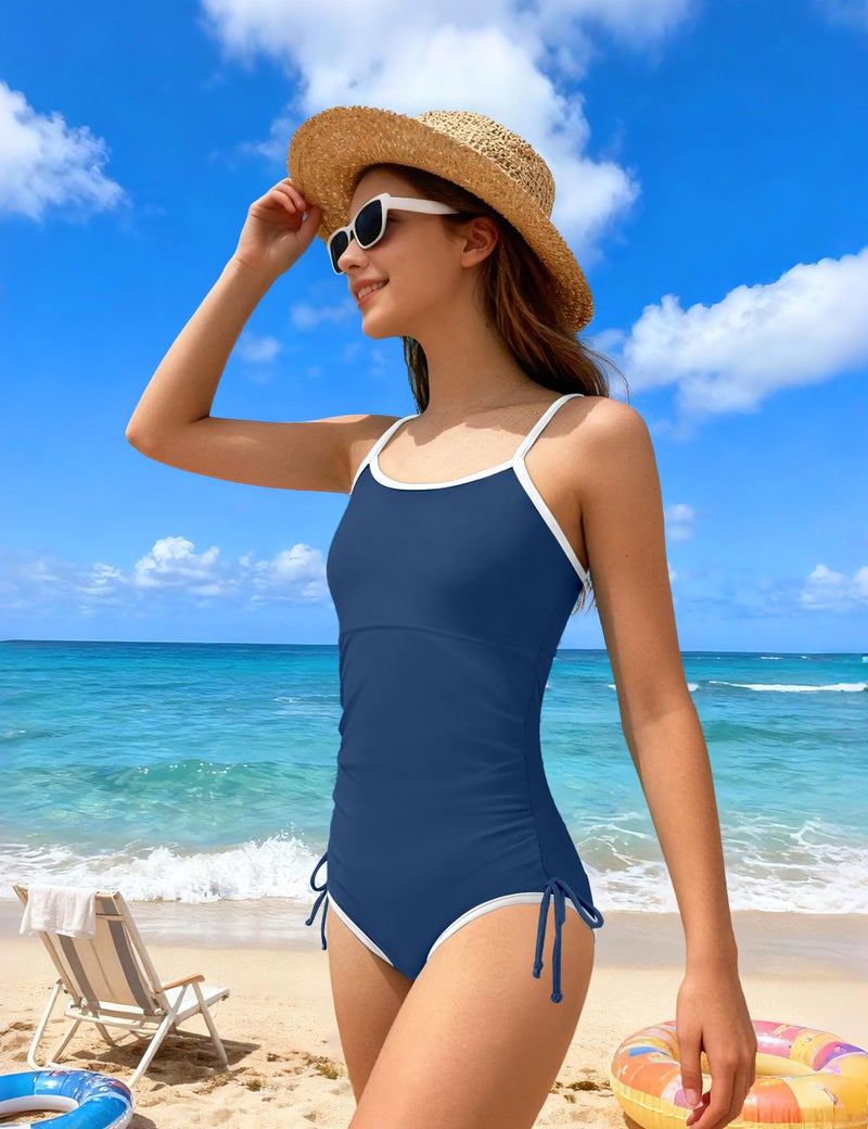 TyeSmo Girls Swimsuit One Piece Swimsuits for Teen Girls Color Block Strap Teen Swimsuits for Girl 12-14 Drawstring Swimwear Bathing Suit for Teens 12-14 Girl Size 12 Swimsuit with Padded Dark Blue - Image 3