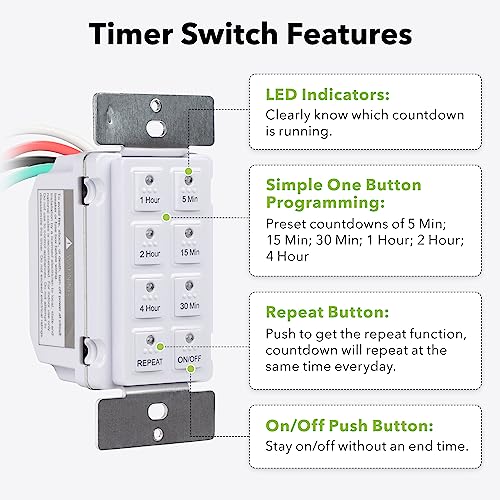BN-LINK مفتاح مؤقت رقمي جدولي BN-LINK لجهاز الشفط مع زر ضغط 5-15-30-60 دقيقة، 2-4 ساعات، مفتاح مؤقت لمروحة الحمام، داخلي، يتطلب سلك محايد، لوحة جدارية متضمنة، أبيض - Image 4