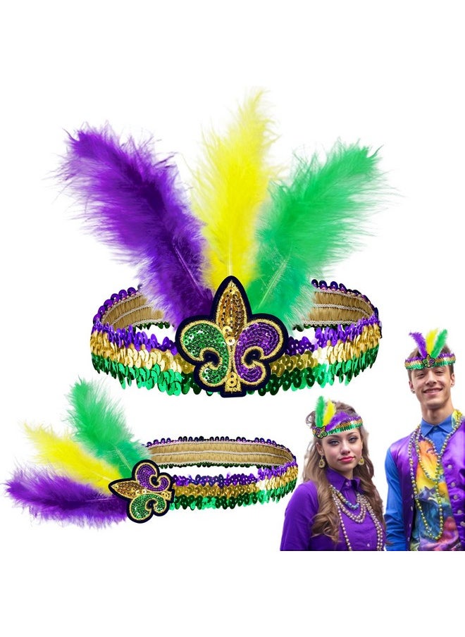 Camlinbo 2 Pcs Mardi Gras Headband Fleur De Lis Headbands Feathers Fascinators Sequins Headpieces Purple Gold Green Headwear Adjustable Hair Band Mardi Gras Accessories Party Favor Masquerade Parties  - Image 1