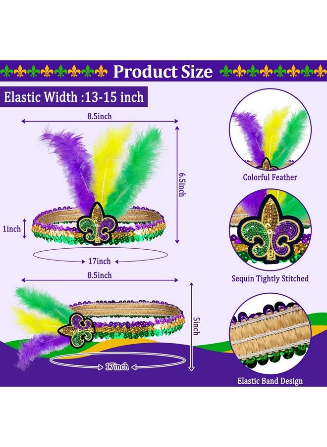 Camlinbo 2 Pcs Mardi Gras Headband Fleur De Lis Headbands Feathers Fascinators Sequins Headpieces Purple Gold Green Headwear Adjustable Hair Band Mardi Gras Accessories Party Favor Masquerade Parties  - Image 2