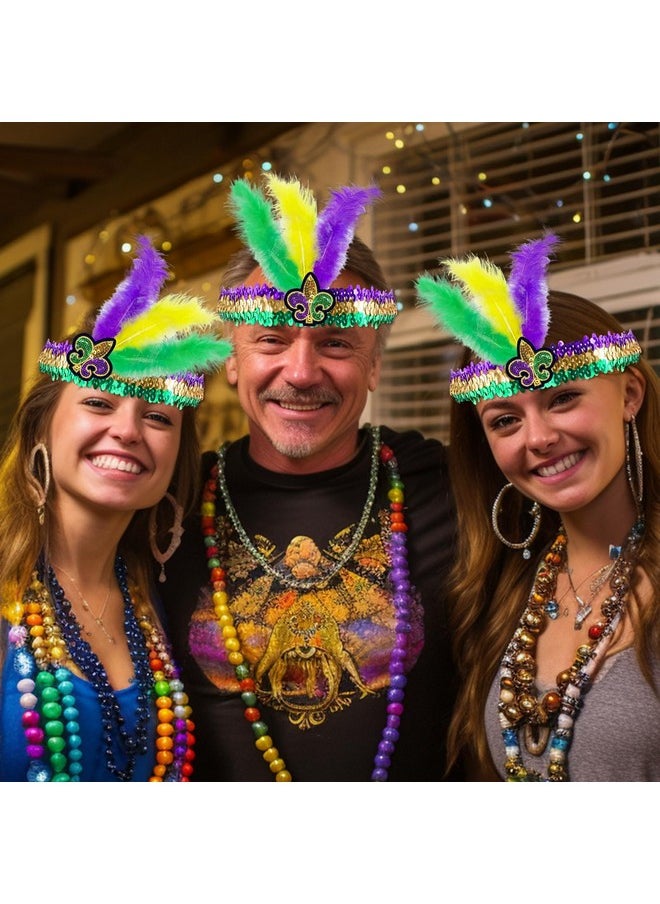 Camlinbo 2 Pcs Mardi Gras Headband Fleur De Lis Headbands Feathers Fascinators Sequins Headpieces Purple Gold Green Headwear Adjustable Hair Band Mardi Gras Accessories Party Favor Masquerade Parties  - Image 3