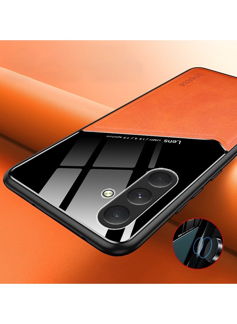 Case Compatible With Samsung Galaxy S24 Plus Cover Luxury Leather And Glass With Car Magnetic Holder Phone Cover Soft Frame Silicone (Orange) - Image 3