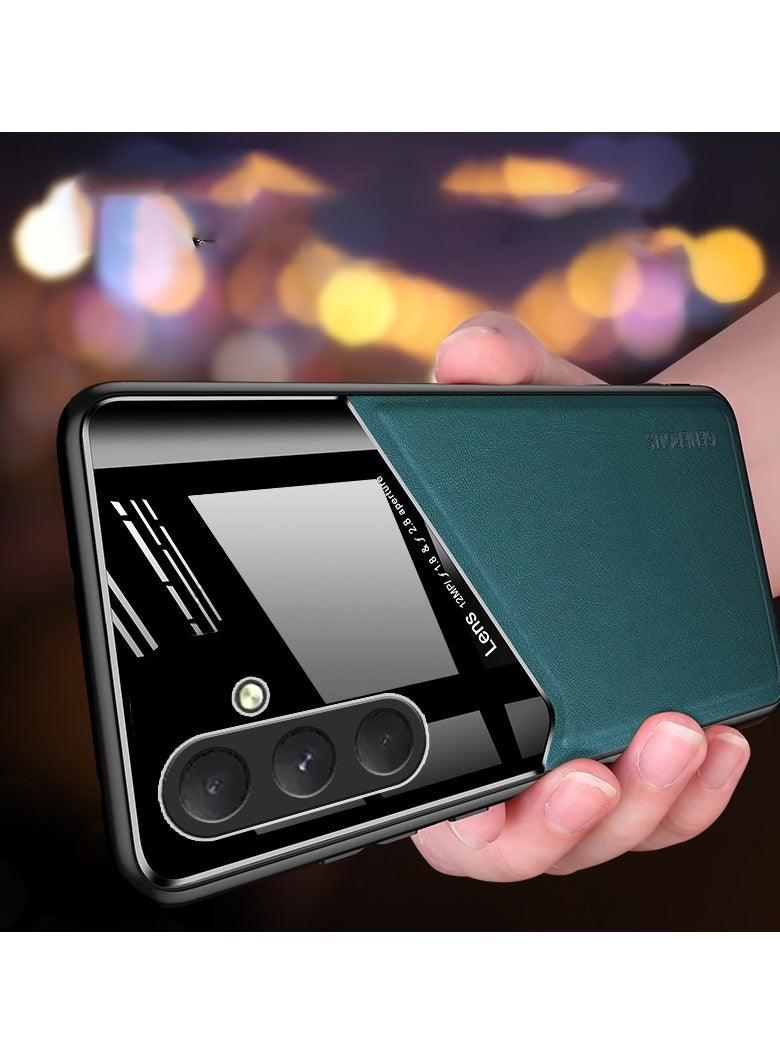 Case Compatible With Samsung Galaxy S24 Plus Cover Luxury Leather And Glass With Car Magnetic Holder Phone Cover Soft Frame Silicone (Orange) - Image 4