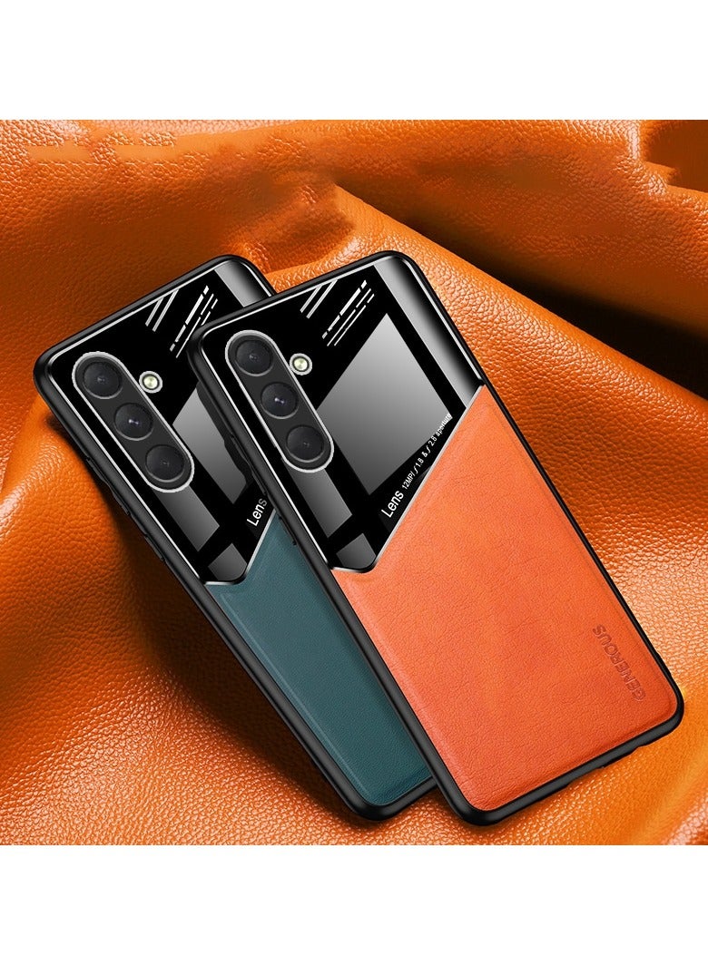 Case Compatible With Samsung Galaxy S24 Plus Cover Luxury Leather And Glass With Car Magnetic Holder Phone Cover Soft Frame Silicone (Orange) - Image 2