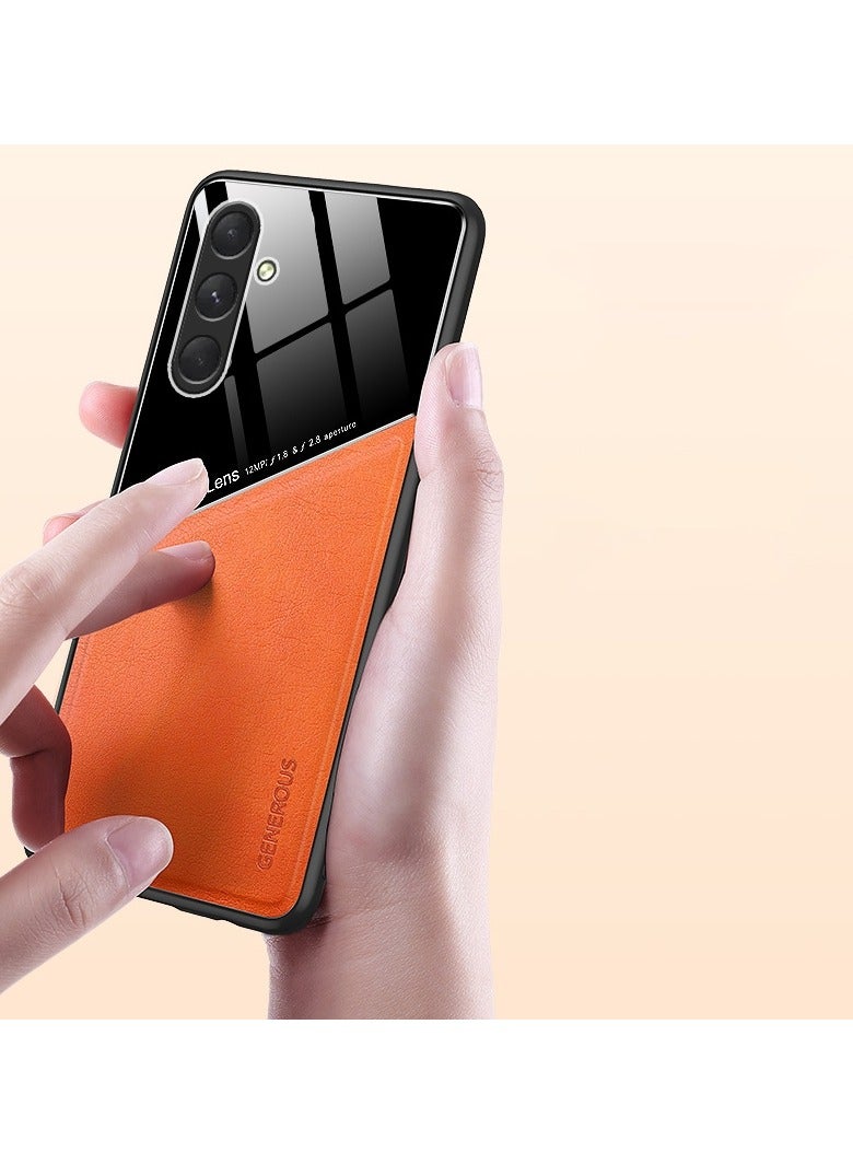 Case Compatible With Samsung Galaxy S24 Plus Cover Luxury Leather And Glass With Car Magnetic Holder Phone Cover Soft Frame Silicone (Orange) - Image 5