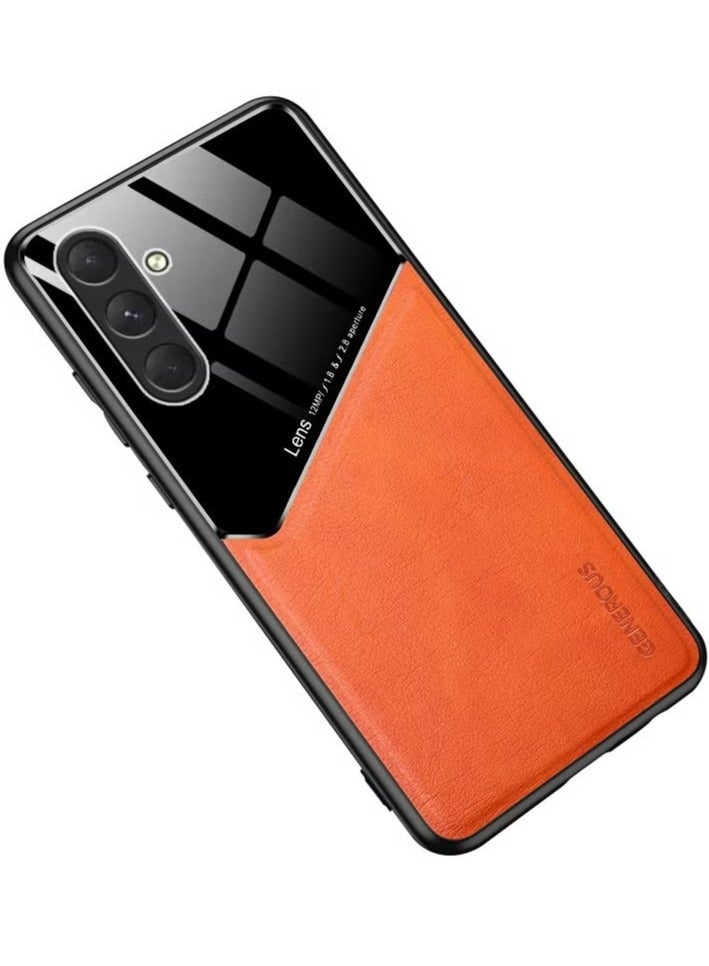 Case Compatible With Samsung Galaxy S24 Plus Cover Luxury Leather And Glass With Car Magnetic Holder Phone Cover Soft Frame Silicone (Orange) - Image 1