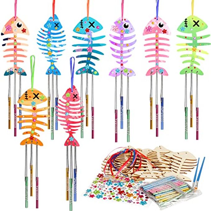 12 PACK WIND CHIME KIT SPRING CRAFT FOR KIDS WOODEN ARTS AND CRAFTS FOR GIRLS BOYS MAKE YOUR OWN FISH FISH CRAFT ORNAMENTS DIY COLORING FOR MOTHERS DAY CLASSROOM ART ACTIVITIES BIRTHDAY PARTY