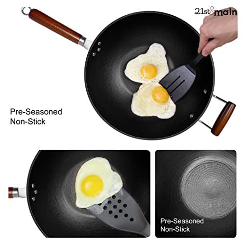 21st & Main Light weight Cast Iron Wok, Stir Fry Pan, Wooden Handle, 14 Inch, chef’s pan, pre-seasoned nonstick, commercial and household, for Chinese Japanese and others Cooking - Image 5