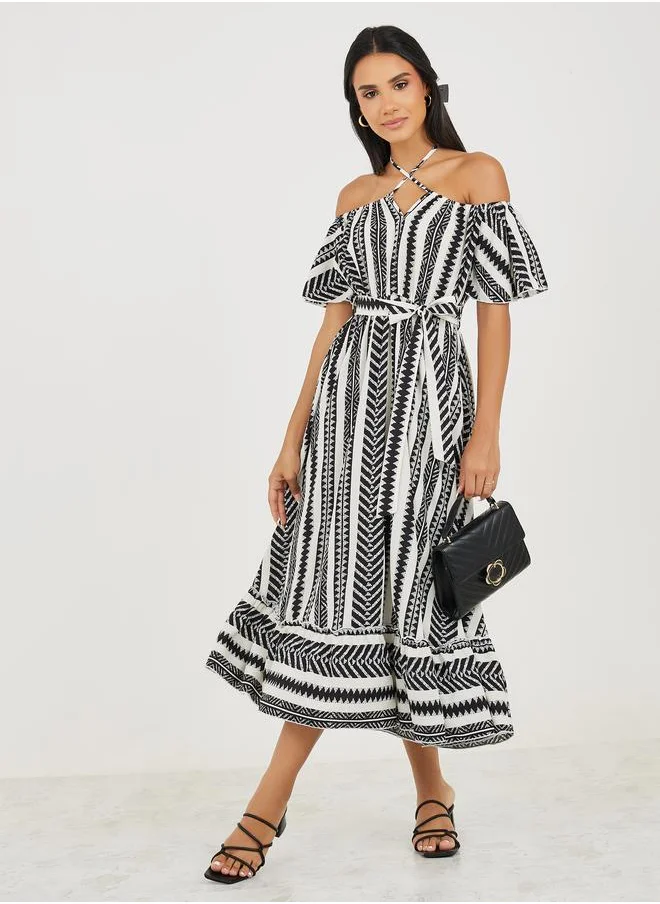 ستايلي Off Shoulder Neck All Over Print A-Line Midi Dress