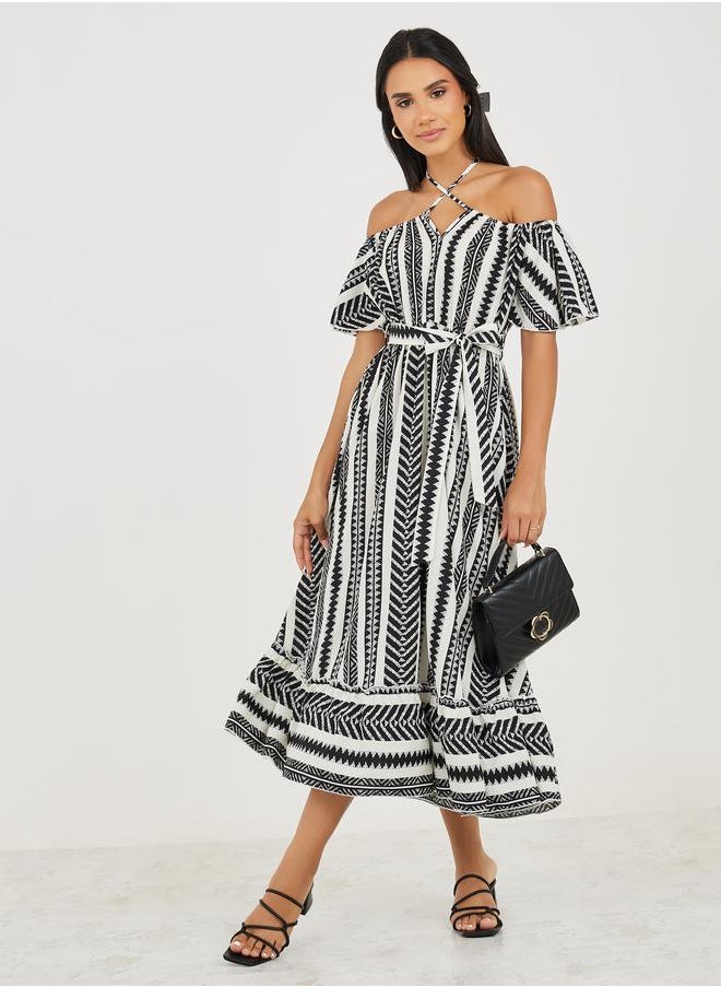 Take Two Off Shoulder Neck All Over Print A-Line Midi Dress  - Image 1