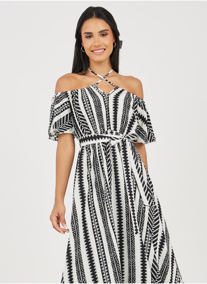 Take Two Off Shoulder Neck All Over Print A-Line Midi Dress  - Image 2