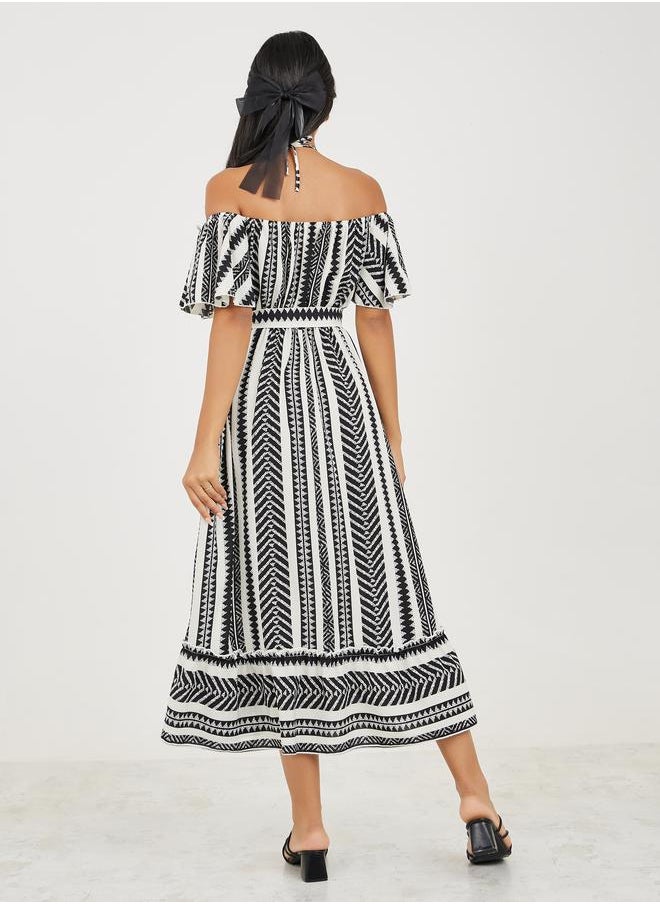 Take Two Off Shoulder Neck All Over Print A-Line Midi Dress  - Image 4