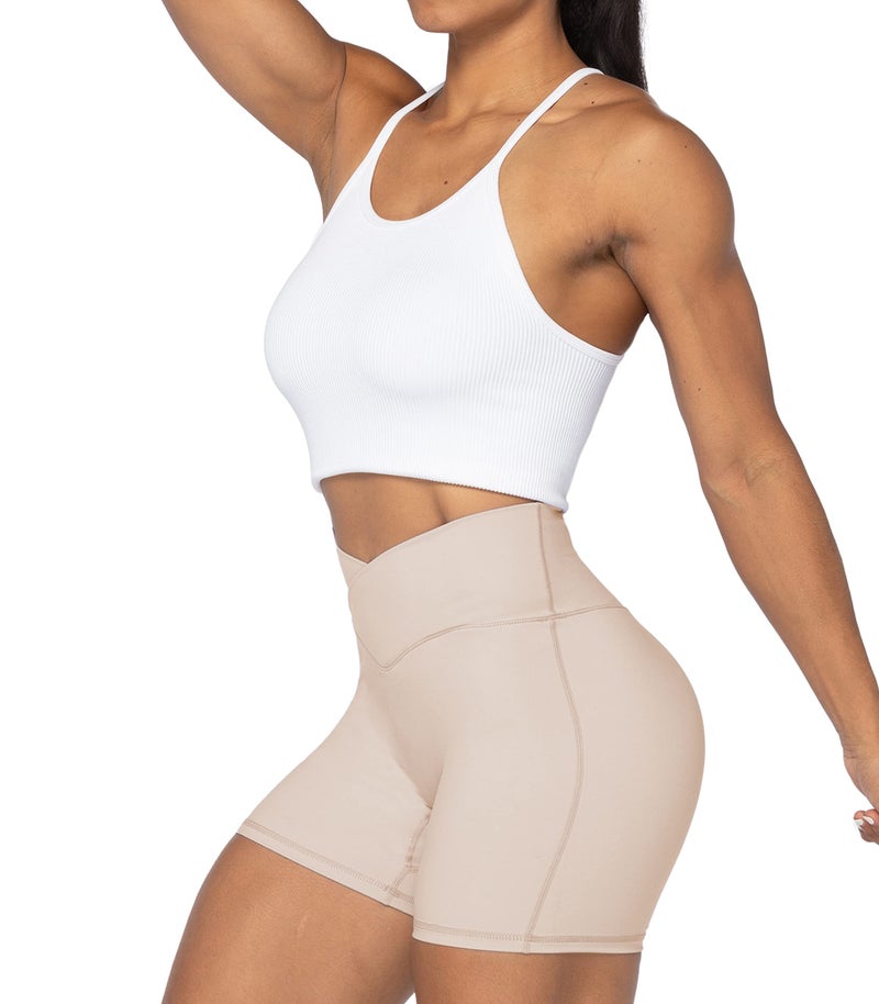 Sunzel Sunzfly Crossover Biker Shorts for Women, V Criss Cross High Waist Yoga Workout Gym Shorts with Tummy Control 4" Beige Medium - Image 5