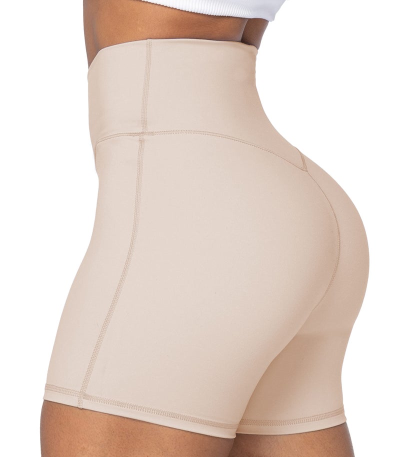 Sunzel Sunzfly Crossover Biker Shorts for Women, V Criss Cross High Waist Yoga Workout Gym Shorts with Tummy Control 4" Beige Medium - Image 2