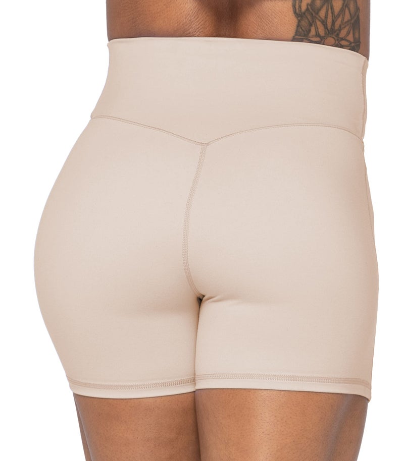 Sunzel Sunzfly Crossover Biker Shorts for Women, V Criss Cross High Waist Yoga Workout Gym Shorts with Tummy Control 4" Beige Medium - Image 4
