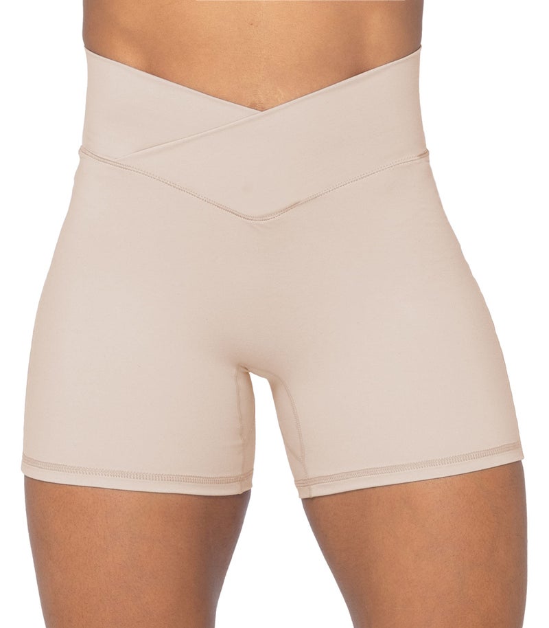 Sunzel Sunzfly Crossover Biker Shorts for Women, V Criss Cross High Waist Yoga Workout Gym Shorts with Tummy Control 4" Beige Medium - Image 1