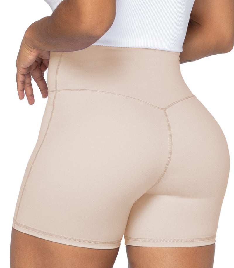 Sunzel Sunzfly Crossover Biker Shorts for Women, V Criss Cross High Waist Yoga Workout Gym Shorts with Tummy Control 4" Beige Medium - Image 3