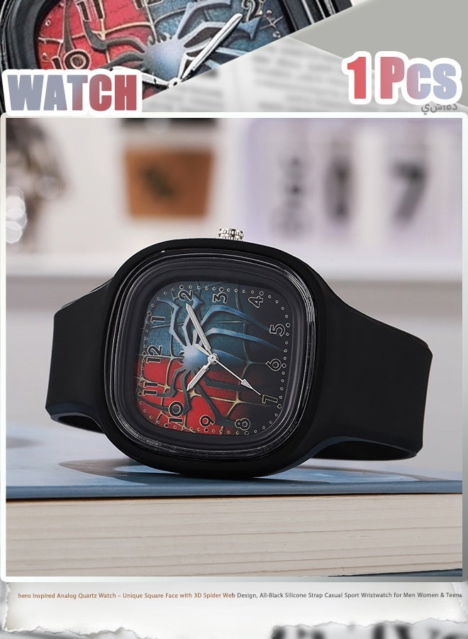SPIDERMAN hero Inspired Analog Quartz Watch – Unique Square Face with 3D Spider Web Design, All-Black Silicone Strap Casual Sport Wristwatch for Men Women & Teens - Image 1