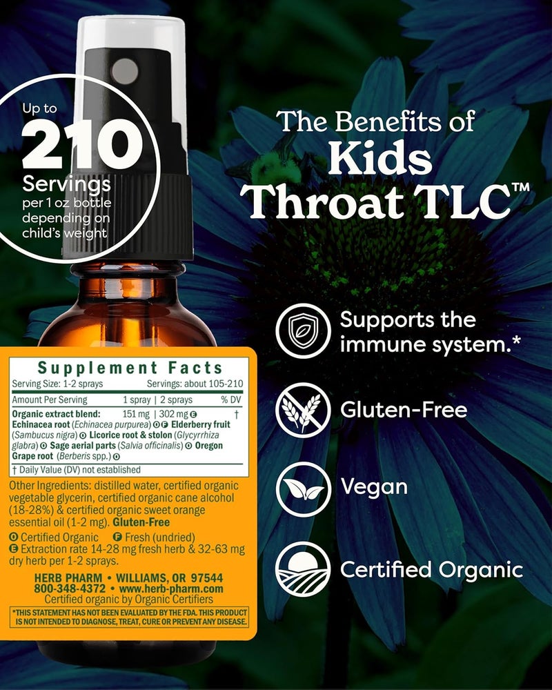 HERB PHARM Kids CertifiedOrganic AlcoholFree Throat TLC Herbal Spray 1 Ounce - Image 2