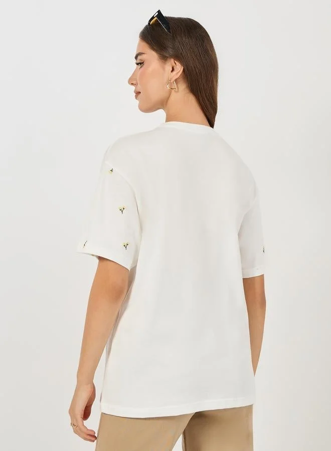 Styli White Oversized Embroidery Detail T-Shirt for Women | Best Price UAE