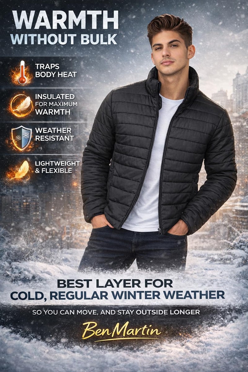 Ben Martin Men’s Black Quilted Winter Jackets || Lightweight Puffer Jacket for Men || Full Sleeve Stand Collar Jacket:s || Warm & Comfortable Winter Wear || Casual & Travel Jacket' for Men' - Small - Image 5