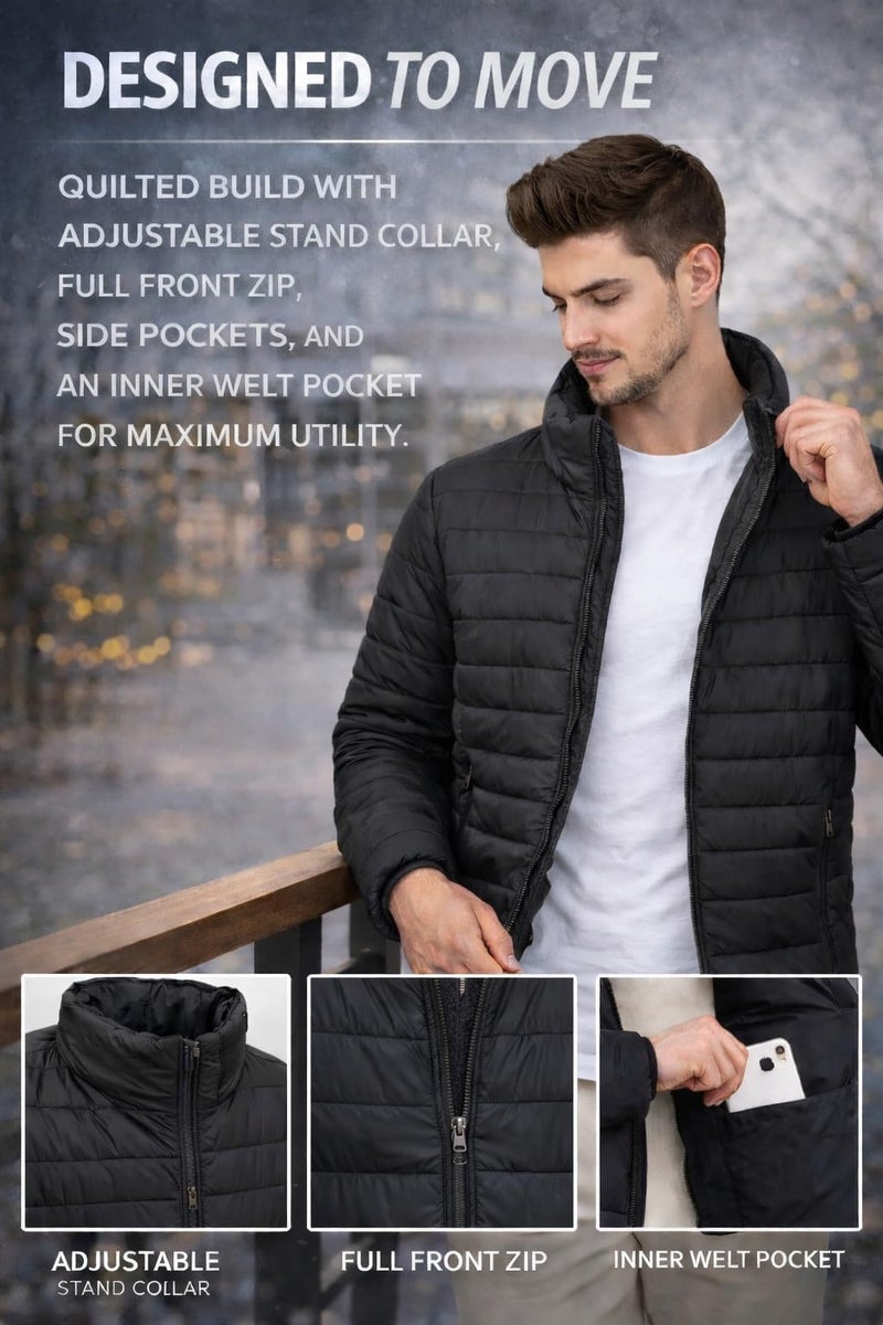 Ben Martin Men’s Black Quilted Winter Jackets || Lightweight Puffer Jacket for Men || Full Sleeve Stand Collar Jacket:s || Warm & Comfortable Winter Wear || Casual & Travel Jacket' for Men' - Small - Image 3