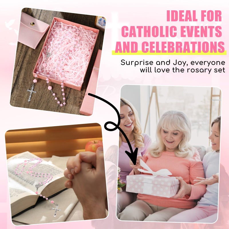 Quelay Rosary for Women Catholic Gifts Our Lady of Rosary Beads Pray Card Necklace Confirmation Gifts(Pink,Rose) - Image 3