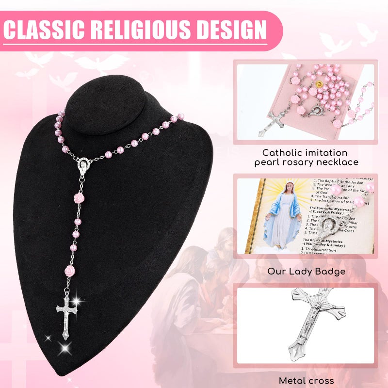 Quelay Rosary for Women Catholic Gifts Our Lady of Rosary Beads Pray Card Necklace Confirmation Gifts(Pink,Rose) - Image 4