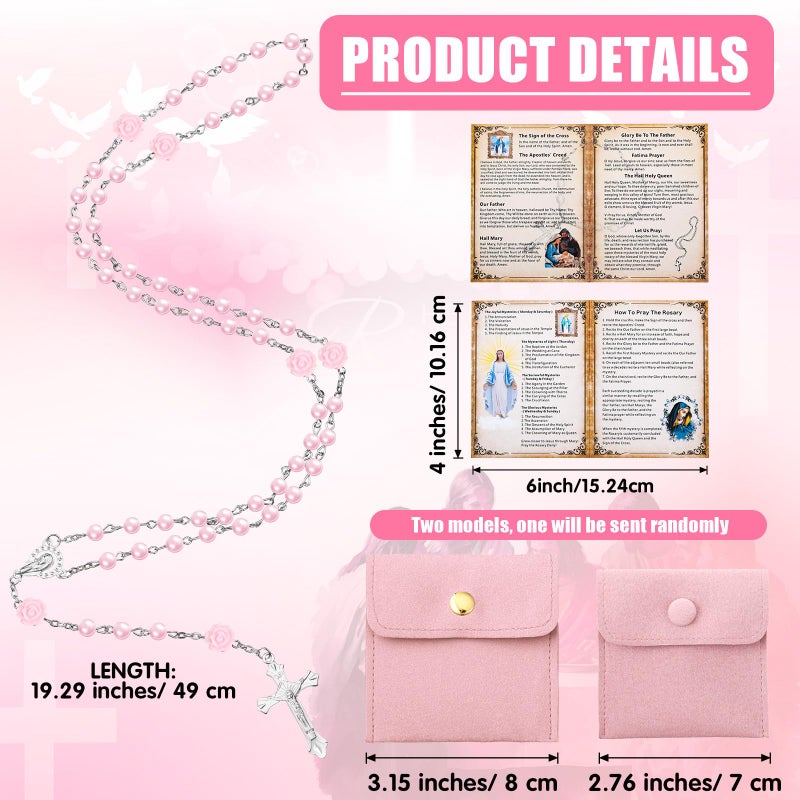 Quelay Rosary for Women Catholic Gifts Our Lady of Rosary Beads Pray Card Necklace Confirmation Gifts(Pink,Rose) - Image 2
