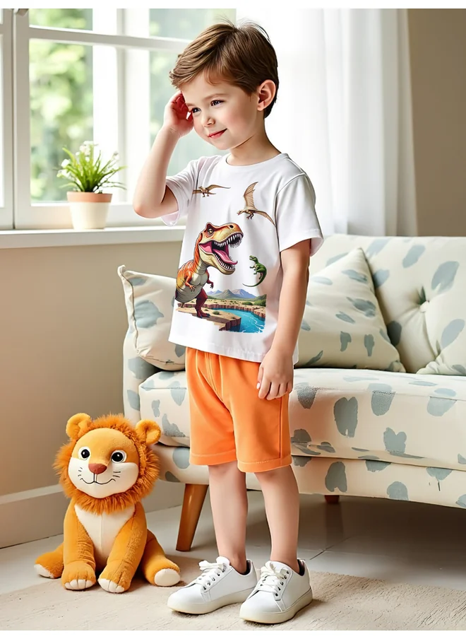 تايك تو Take Two Kids 2pcs Dinosaur Print T-Shirt and Orange Shorts Sets