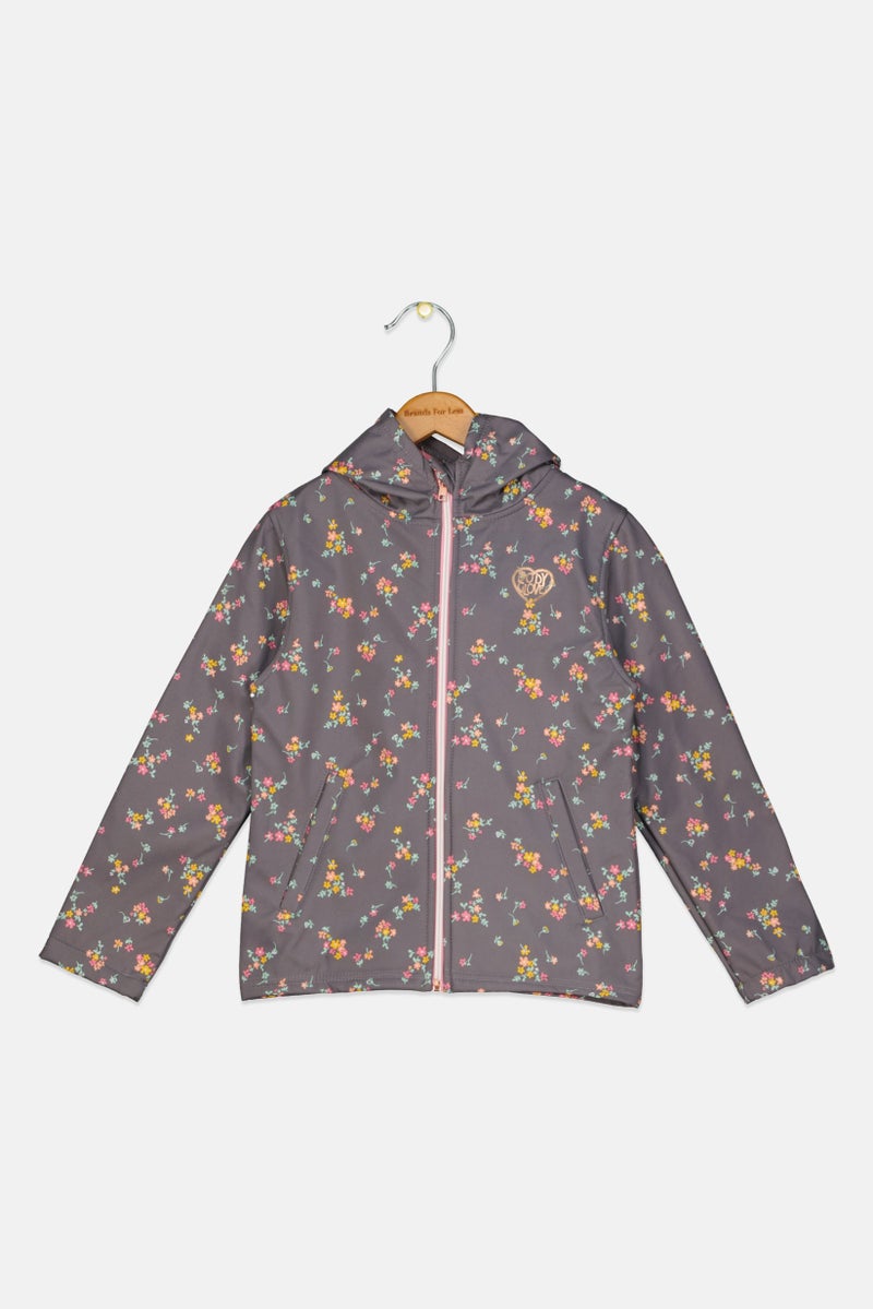 Body Glove Kids Girl Floral Print Softshell Jacket, Grey - Image 1