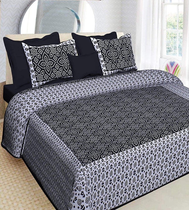 PURE COMFORT 100% Cotton Jaipuri Super King Size Double Bedsheet with 2 Pillow Covers, King, Black - Image 1