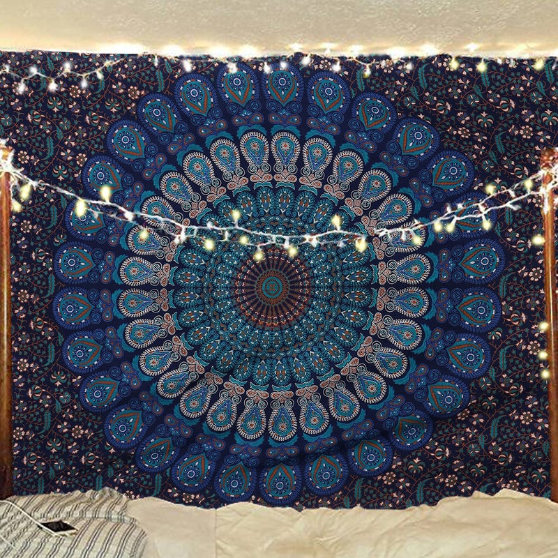 Bless International Handmade Indian hippie Bohemian Psychedelic Peacock Mandala Wall hanging College Dorm Beach Throws Table Cloth Bedding Tapestry (Blue Green, Medium(54x60Inches)(137x152cms)) - Image 5