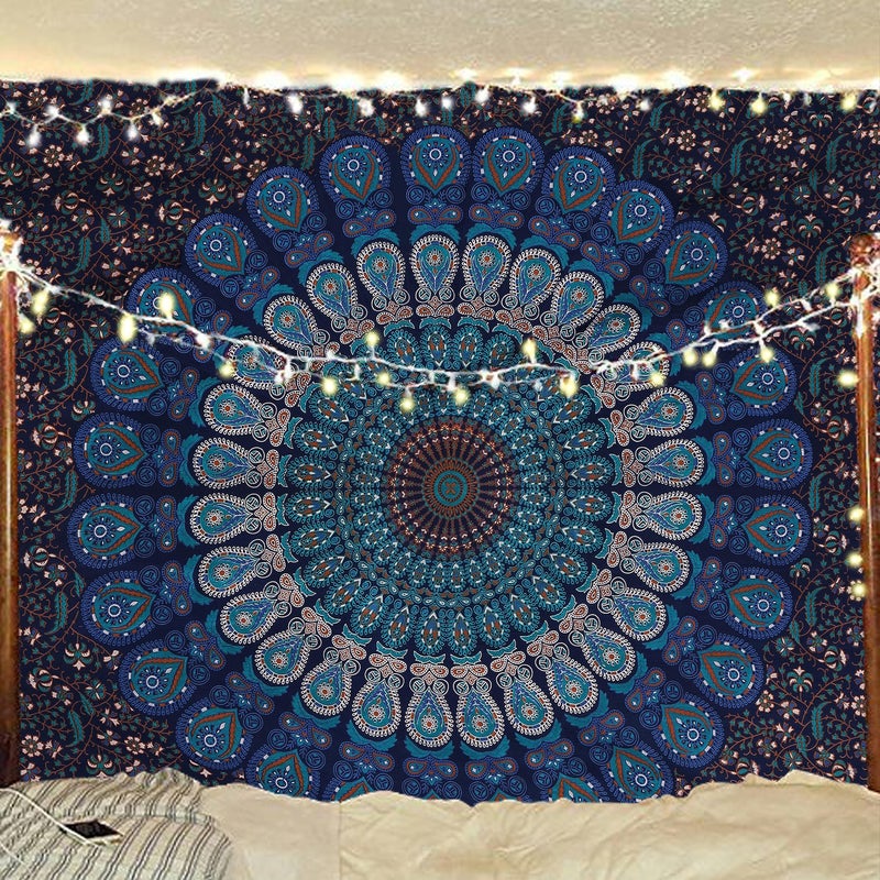Bless International Handmade Indian hippie Bohemian Psychedelic Peacock Mandala Wall hanging College Dorm Beach Throws Table Cloth Bedding Tapestry (Blue Green, Medium(54x60Inches)(137x152cms)) - Image 1