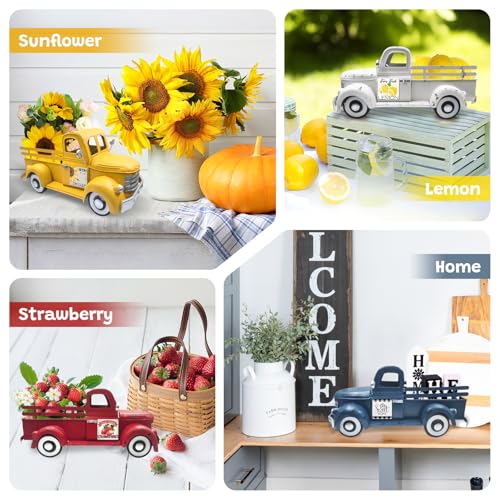 Teeloray Sunflower Decor 13.4 Inch Vintage White Farmhouse Truck with 20 Magnets Sunflower Kitchen Spring Decorations for Home Shelf Office Metal Pickup Interchangeable Seasonal Decor Garden Truck Planter - Image 5