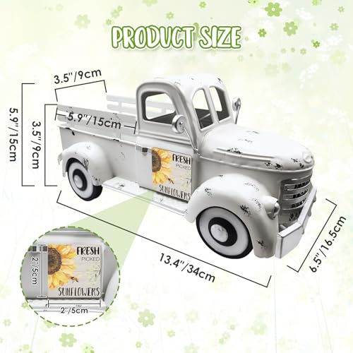 Teeloray Sunflower Decor 13.4 Inch Vintage White Farmhouse Truck with 20 Magnets Sunflower Kitchen Spring Decorations for Home Shelf Office Metal Pickup Interchangeable Seasonal Decor Garden Truck Planter - Image 2
