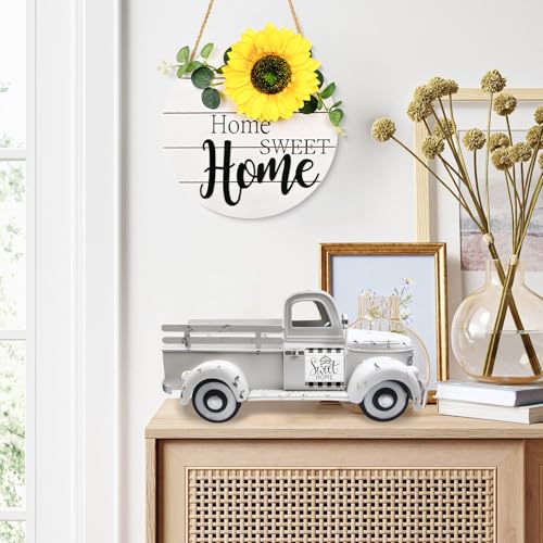 Teeloray Sunflower Decor 13.4 Inch Vintage White Farmhouse Truck with 20 Magnets Sunflower Kitchen Spring Decorations for Home Shelf Office Metal Pickup Interchangeable Seasonal Decor Garden Truck Planter - Image 4
