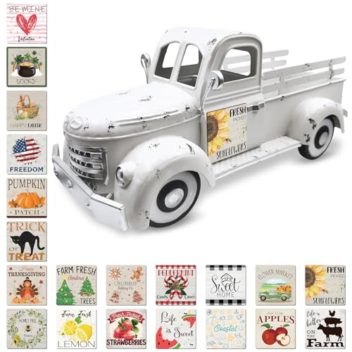 Teeloray Sunflower Decor 13.4 Inch Vintage White Farmhouse Truck with 20 Magnets Sunflower Kitchen Spring Decorations for Home Shelf Office Metal Pickup Interchangeable Seasonal Decor Garden Truck Planter - Image 1