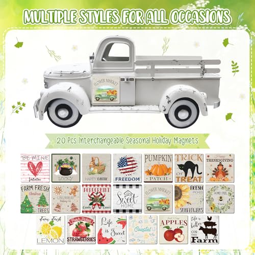 Teeloray Sunflower Decor 13.4 Inch Vintage White Farmhouse Truck with 20 Magnets Sunflower Kitchen Spring Decorations for Home Shelf Office Metal Pickup Interchangeable Seasonal Decor Garden Truck Planter - Image 3