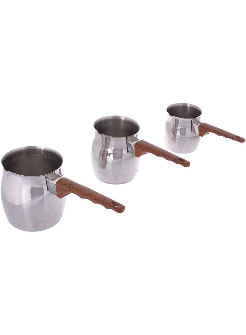 3Pcs Stainless Steel Coffee Pot with Wooden Handle , Turkish Coffee Decanter, Ideal for Warming Milk & Making Sauces, Made of Food-Grade Material - Image 1