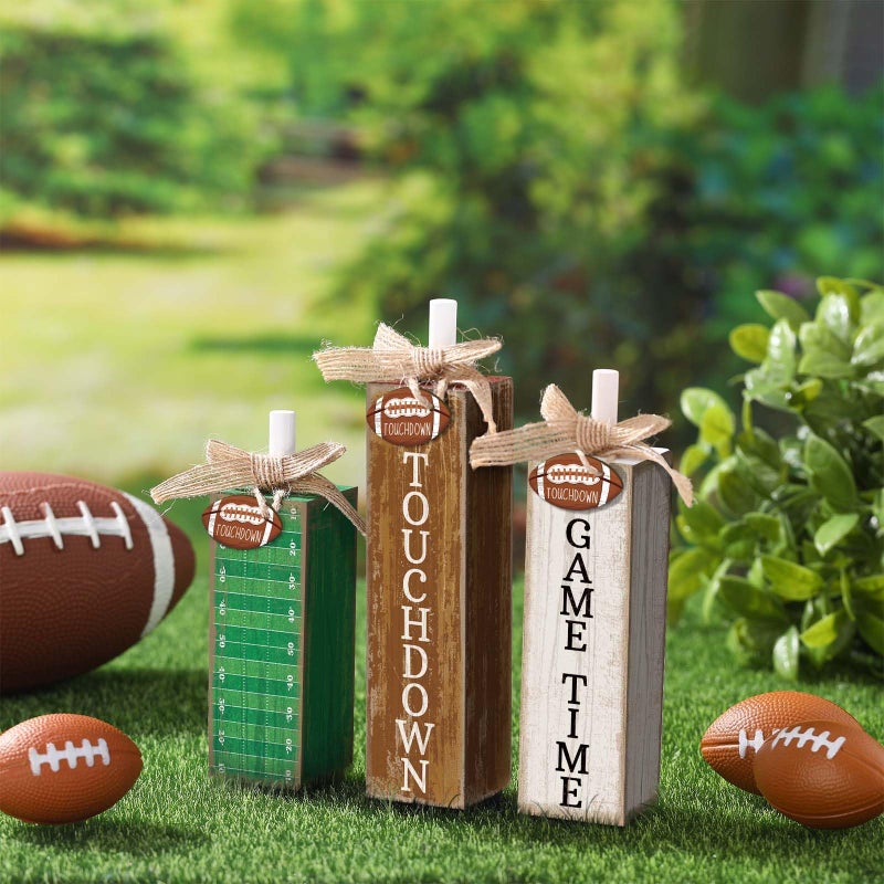 Yousoontic 3 Pcs Football Table Decorations Football Tiered Tray Decor Sport Game Centerpiece Touchdown Block Sign Gift for Fans Club Tailgate Birthday Party Table Shelf Fireplace Coffee Desk Decor - Image 3