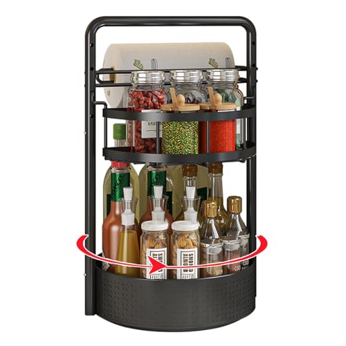 CLOKTA Rotating Spice Rack with Paper Towel Holder 2 Tier Turntable Lazy Susan Seasoning Organizer for Kitchen Countertop Cabinet Black - Image 1