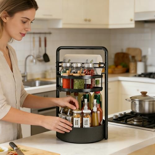 CLOKTA Rotating Spice Rack with Paper Towel Holder 2 Tier Turntable Lazy Susan Seasoning Organizer for Kitchen Countertop Cabinet Black - Image 3