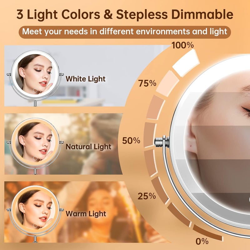 Gospire Lighted Makeup Mirror with Magnification 10X, Height Adjustable & 3 Color Dimmable Lights 7" Cosmetic Mirror, 360° Swivel Double Sided Rechargeable LED Vanity Mirror Cordless Standing Mirror - Image 3
