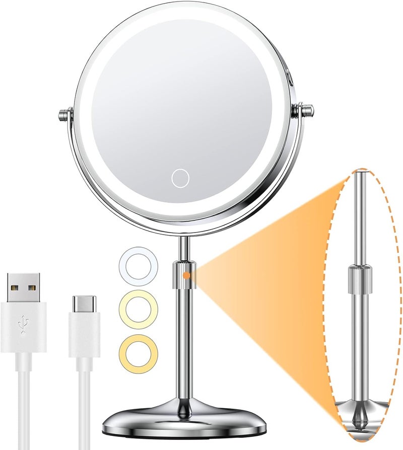 Gospire Lighted Makeup Mirror with Magnification 10X, Height Adjustable & 3 Color Dimmable Lights 7" Cosmetic Mirror, 360° Swivel Double Sided Rechargeable LED Vanity Mirror Cordless Standing Mirror - Image 1