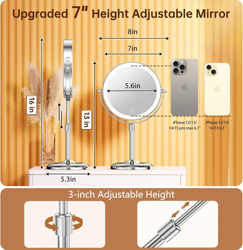 Gospire Lighted Makeup Mirror with Magnification 10X, Height Adjustable & 3 Color Dimmable Lights 7" Cosmetic Mirror, 360° Swivel Double Sided Rechargeable LED Vanity Mirror Cordless Standing Mirror - Image 2